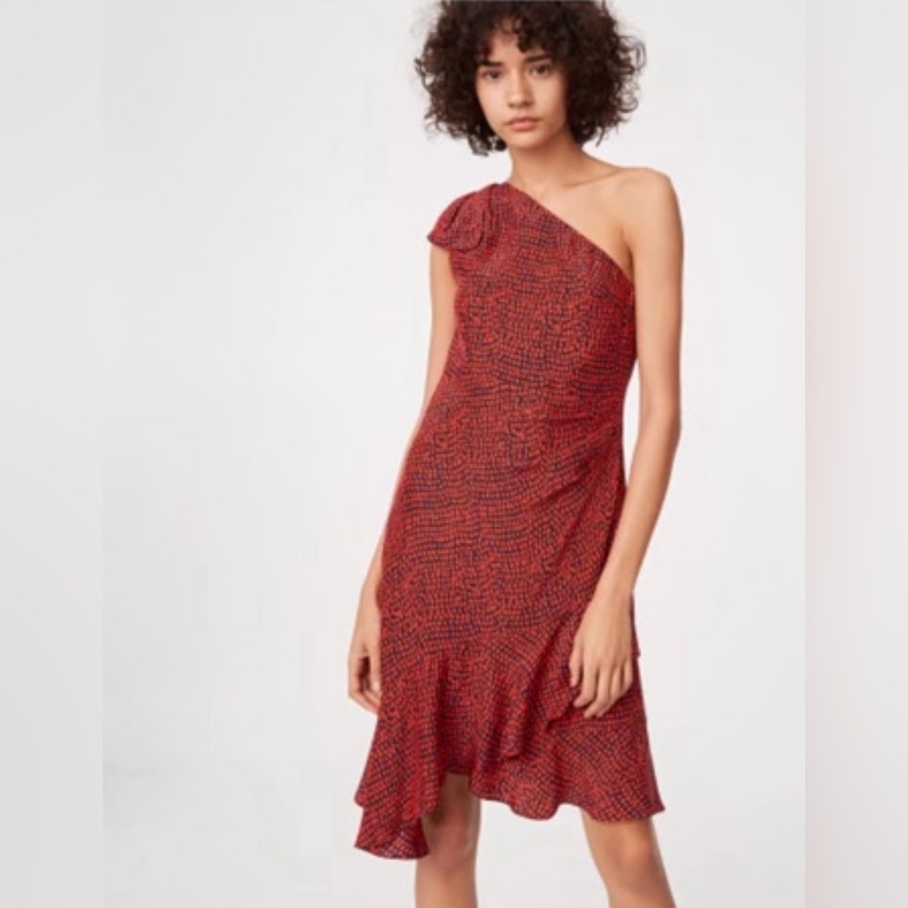Club Monaco One-Shoulder Dress in Red and Dark Blue/Black